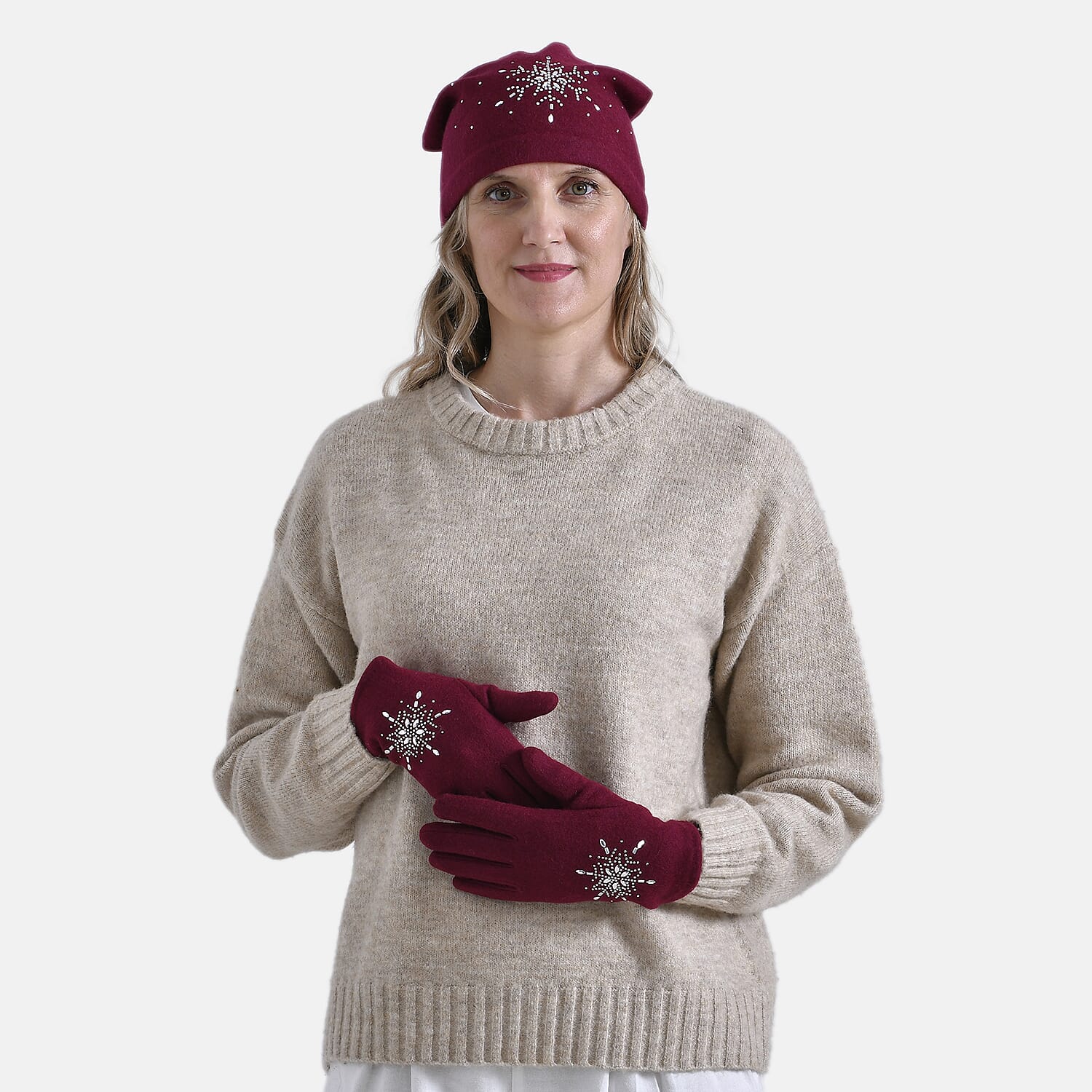 Crystal Pattern Set of Two Hat and Gloves (One Size) - Wine Red