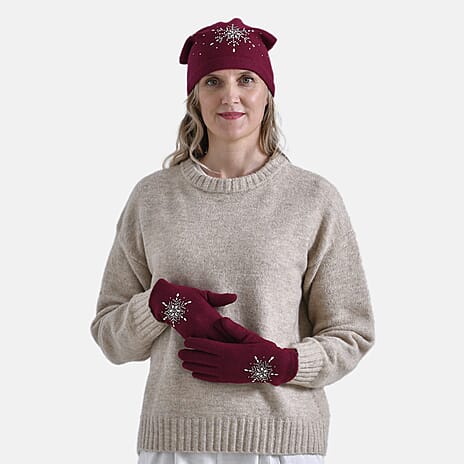 2 Piece Cashmere Set- Crystal Pattern Hat and Gloves - Wine Red
