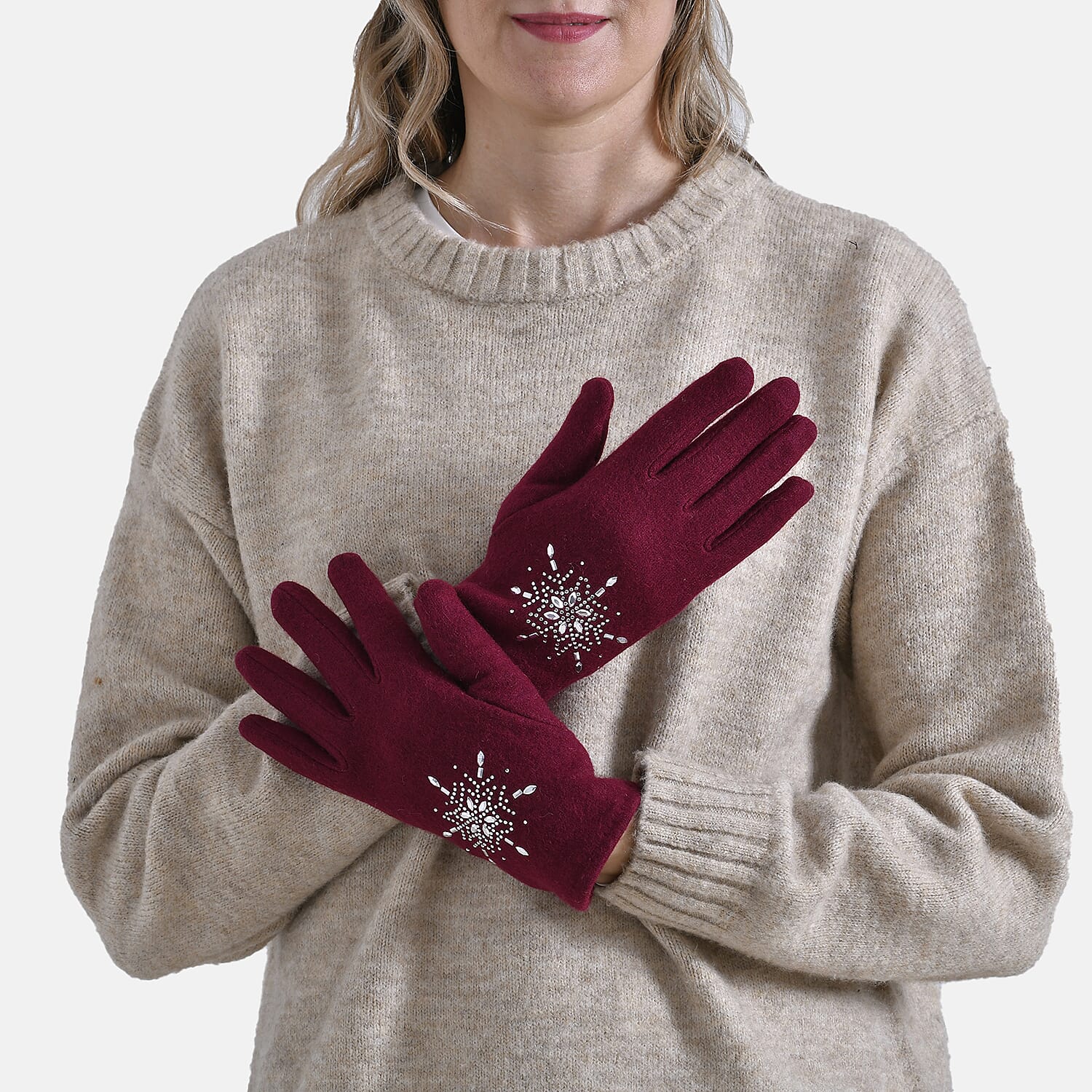 Crystal Pattern Set of Two Hat and Gloves (One Size) - Wine Red