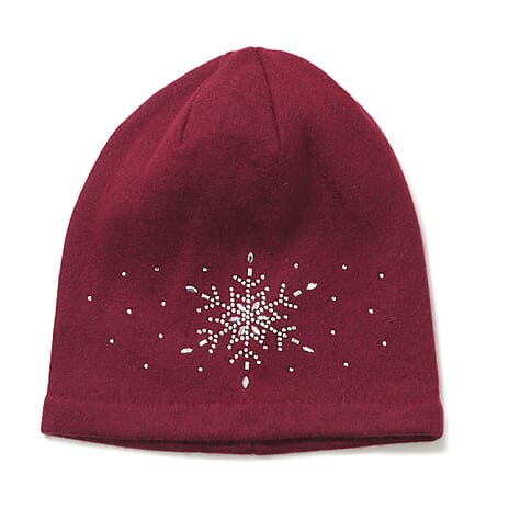 2 Piece Cashmere Set- Crystal Pattern Hat and Gloves - Wine Red