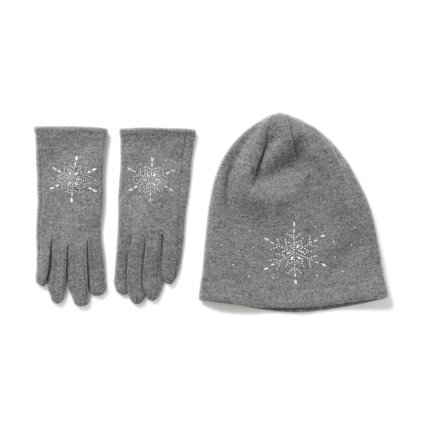 2 Piece Cashmere Set- Crystal Pattern Hat and Gloves - Grey