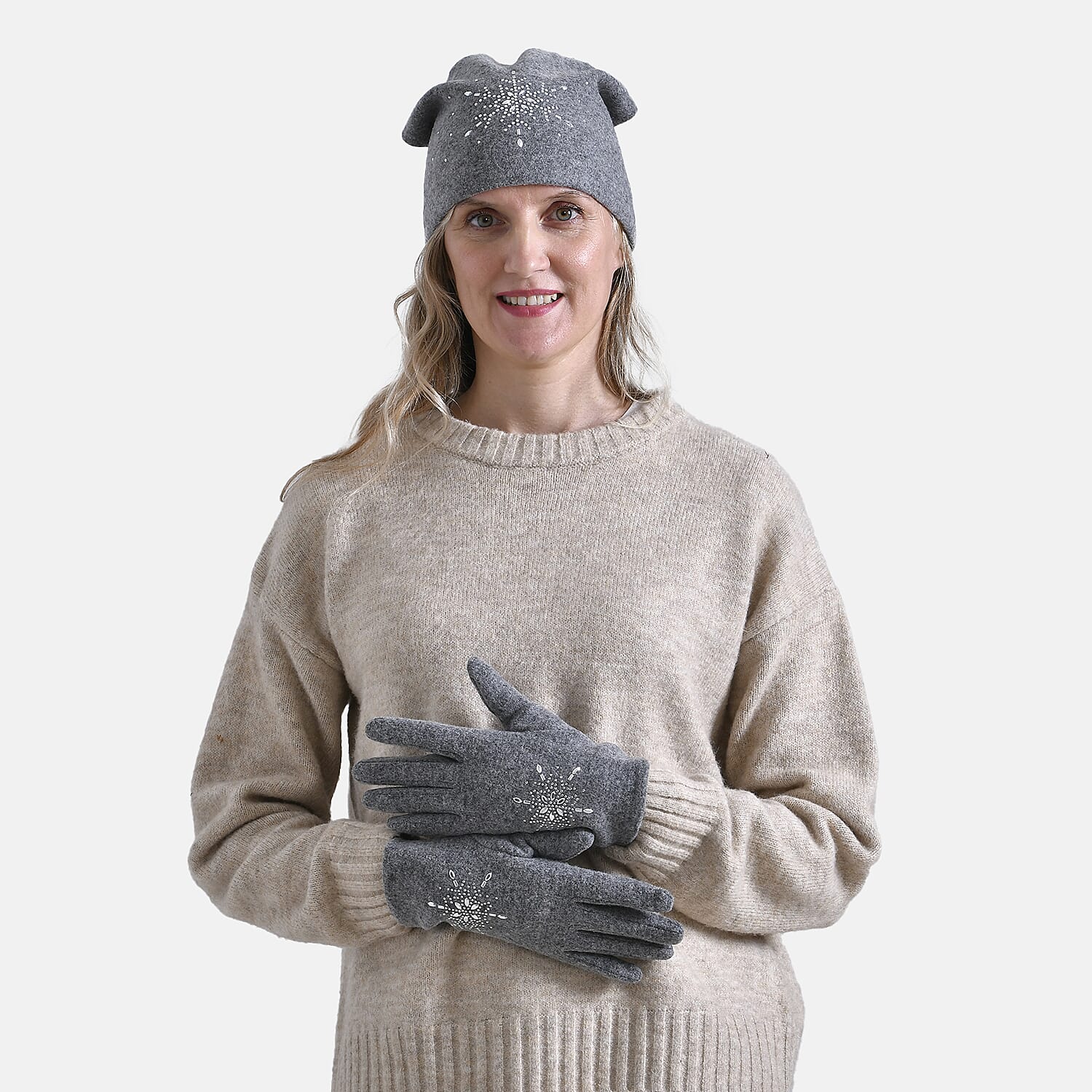 2 Piece Cashmere Set- Crystal Pattern Hat and Gloves - Grey