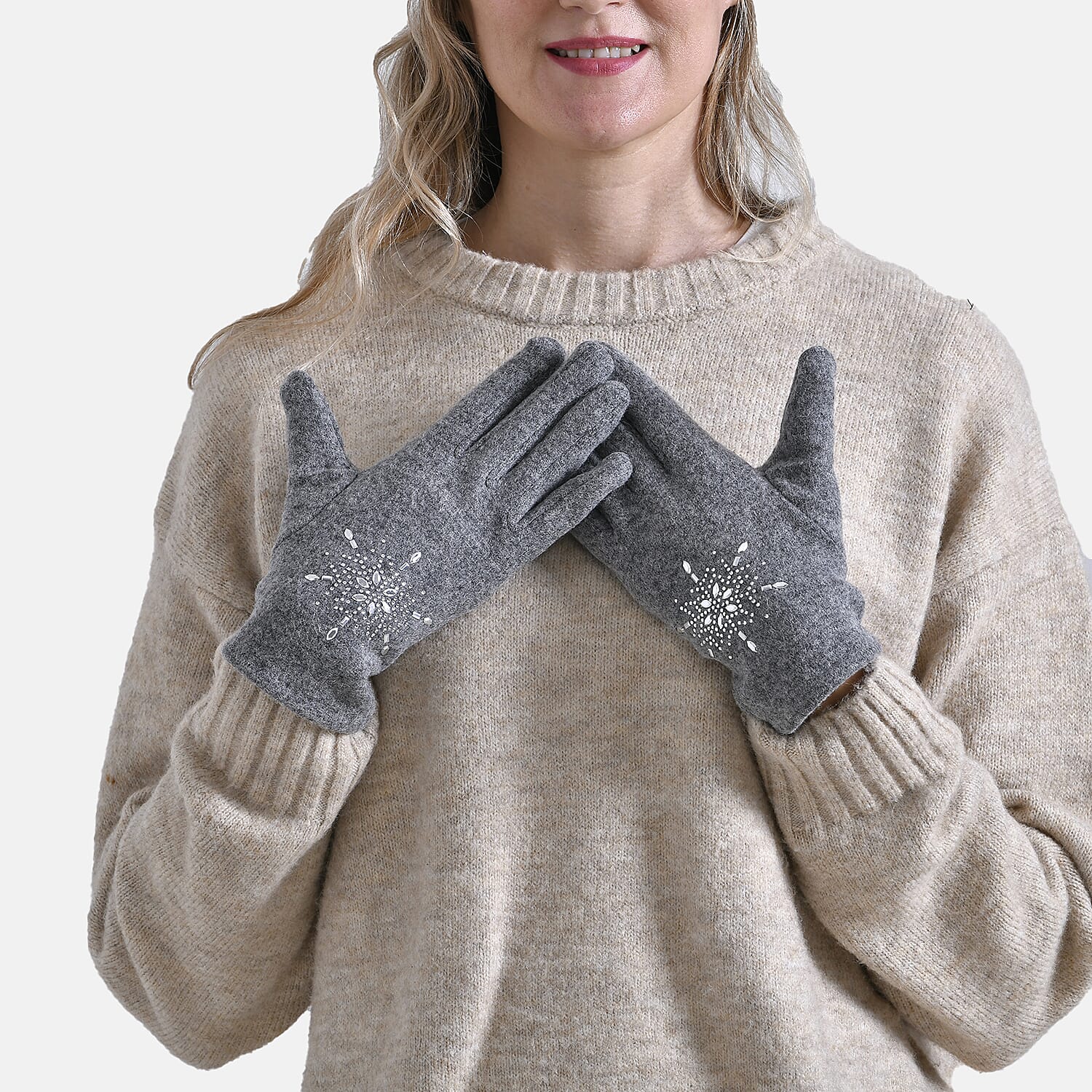 2 Piece Cashmere Set- Crystal Pattern Hat and Gloves - Grey