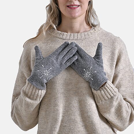 2 Piece Cashmere Set- Crystal Pattern Hat and Gloves - Grey