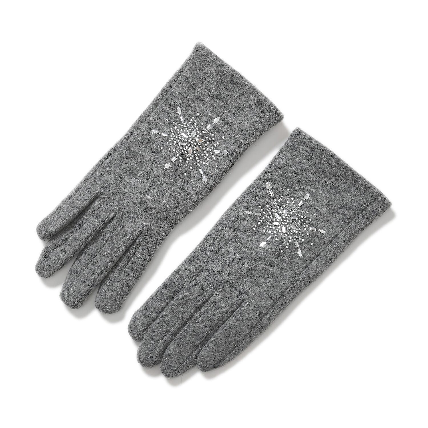 2 Piece Cashmere Set- Crystal Pattern Hat and Gloves - Grey
