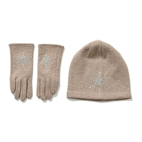 2 Piece Cashmere Set- Crystal Pattern Hat and Gloves - Off White