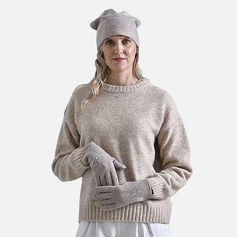 2 Piece Cashmere Set- Crystal Pattern Hat and Gloves - Off White