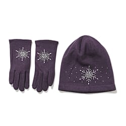Crystal Snowflake Beanie and Gloves Set - Purple
