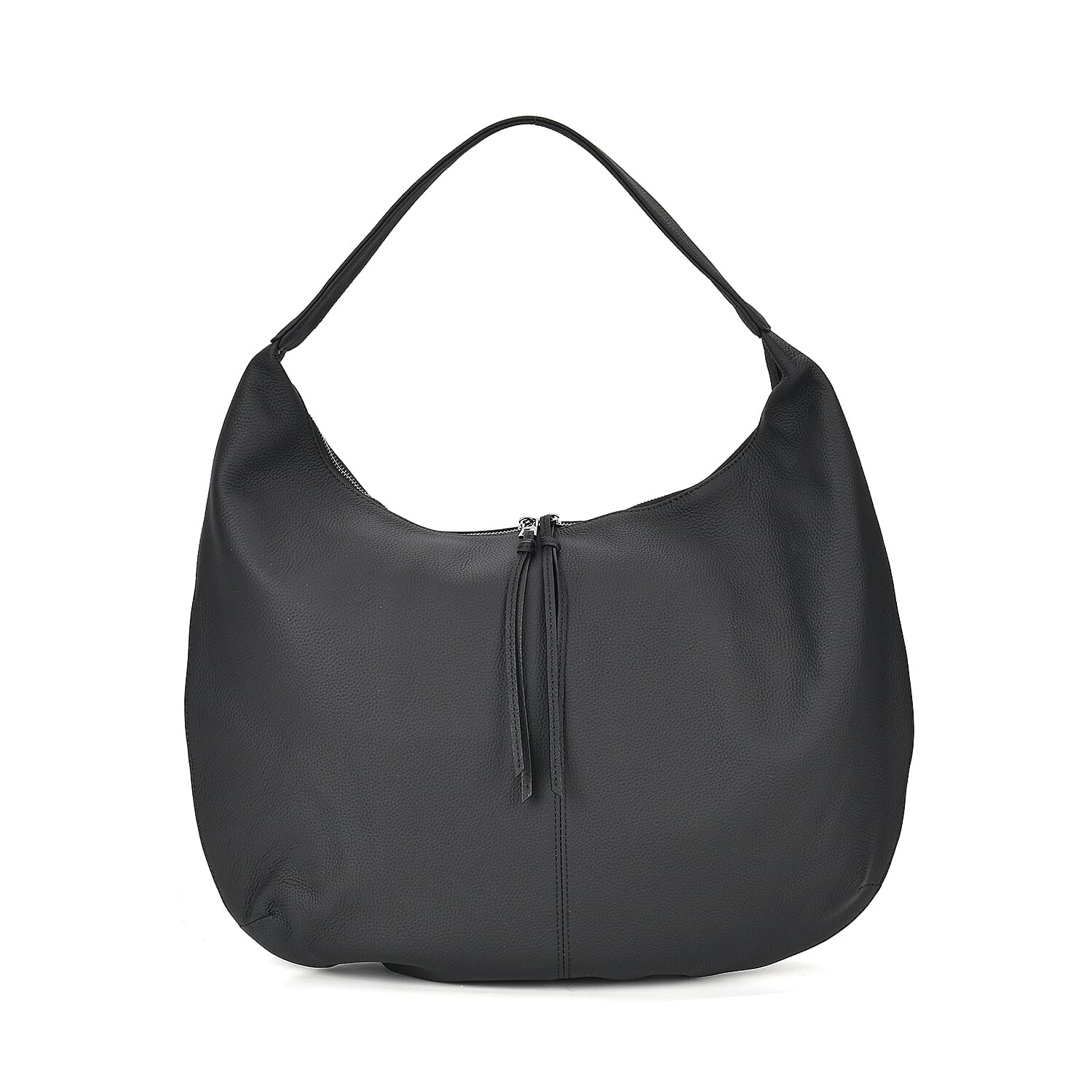 Designer Inspired Full Grain Genuine Leather Half Moon Slouch Bag - Black