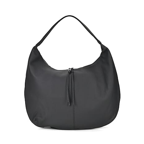 Designer Inspired Full Grain Genuine Leather Half Moon Slouch Bag  - Black