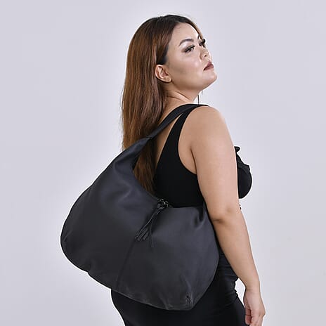 Designer Inspired Full Grain Genuine Leather Half Moon Slouch Bag - Black