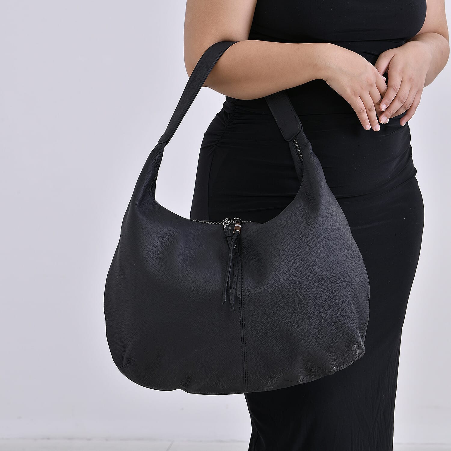 Designer Inspired Full Grain Genuine Leather Half Moon Slouch Bag - Black