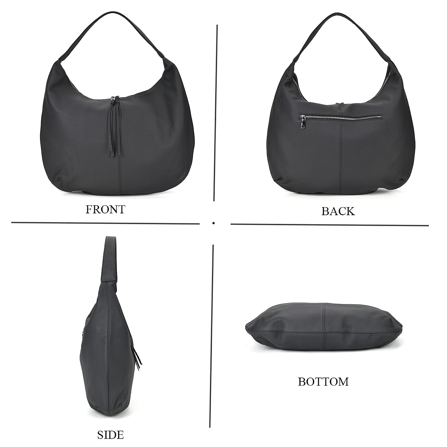 Designer Inspired Full Grain Genuine Leather Half Moon Slouch Bag - Black