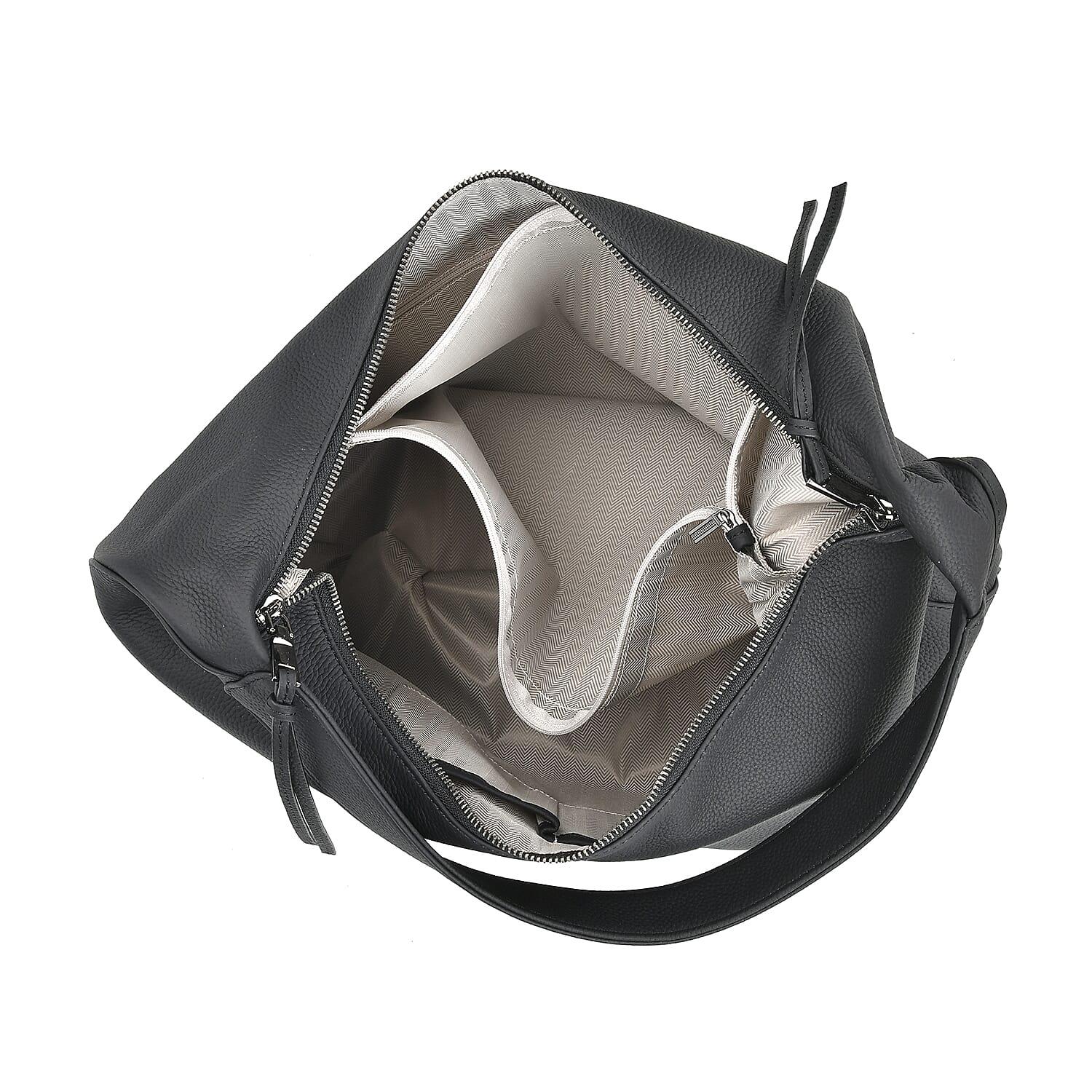 Designer Inspired Full Grain Genuine Leather Half Moon Slouch Bag - Black