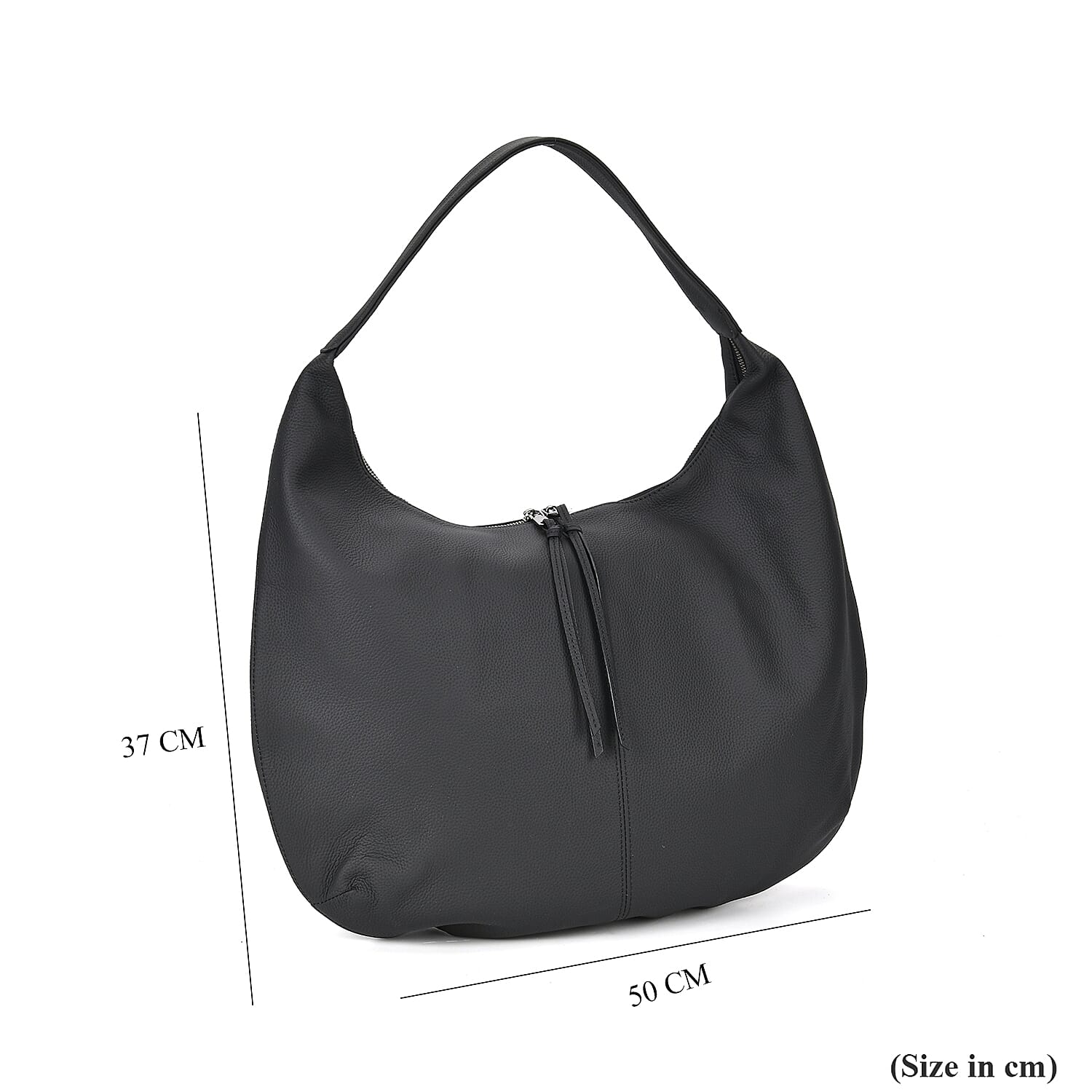Designer Inspired Full Grain Genuine Leather Half Moon Slouch Bag - Black