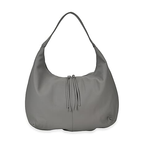 Designer Inspired Full Grain Genuine Leather Half Moon Slouch Bag - Grey