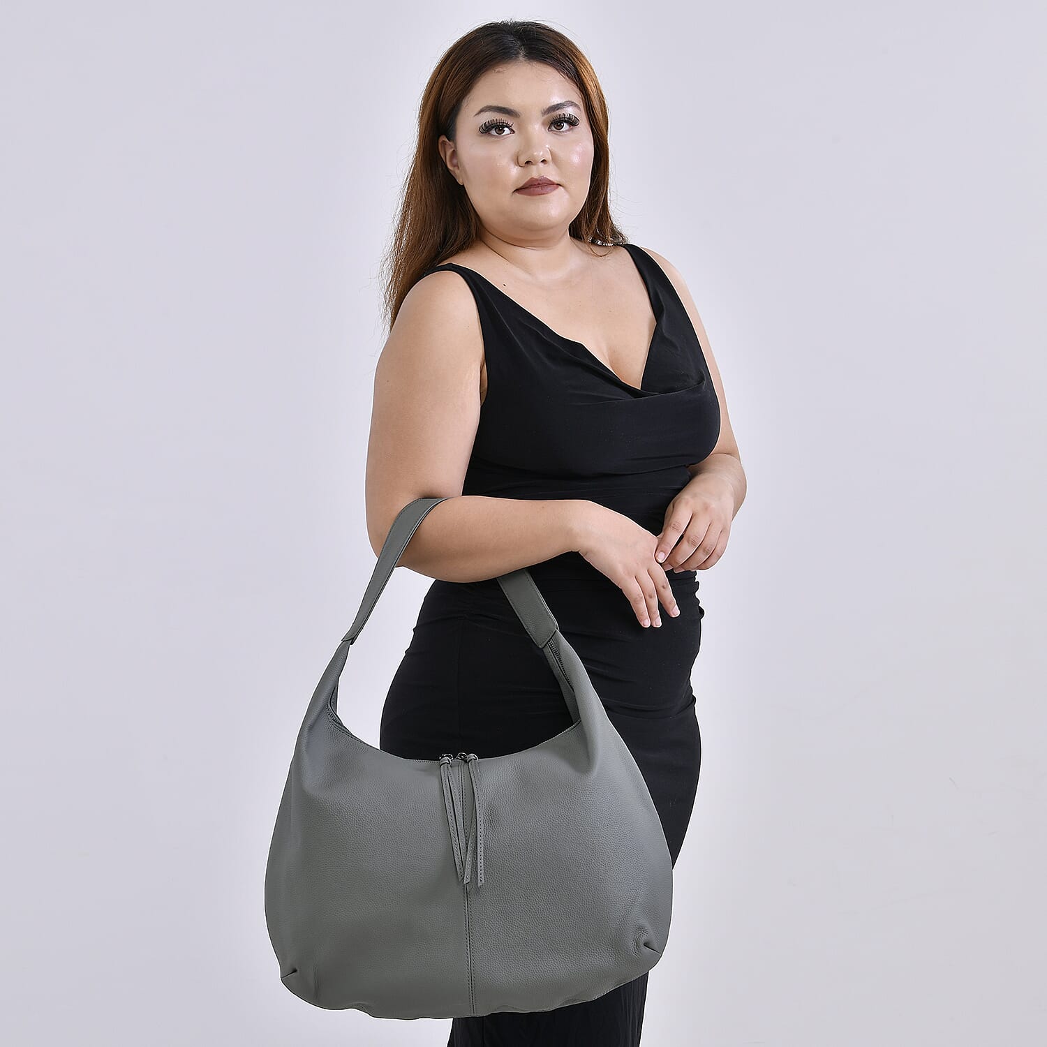 Designer Inspired Full Grain Genuine Leather Half Moon Slouch Bag - Sage