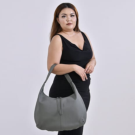 Designer Inspired Full Grain Genuine Leather Half Moon Slouch Bag - Sage