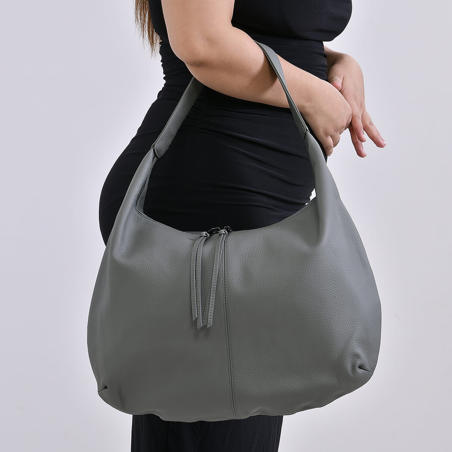 Designer Inspired Full Grain Genuine Leather Half Moon Slouch Bag - Sage