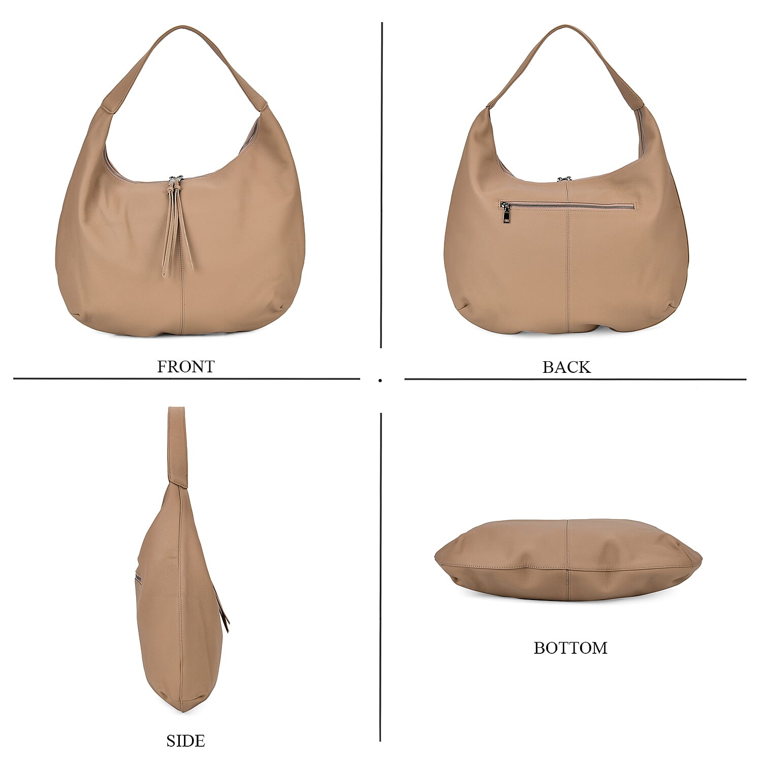 Designer Inspired Full Grain Genuine Leather Half Moon Slouch Bag - Beige