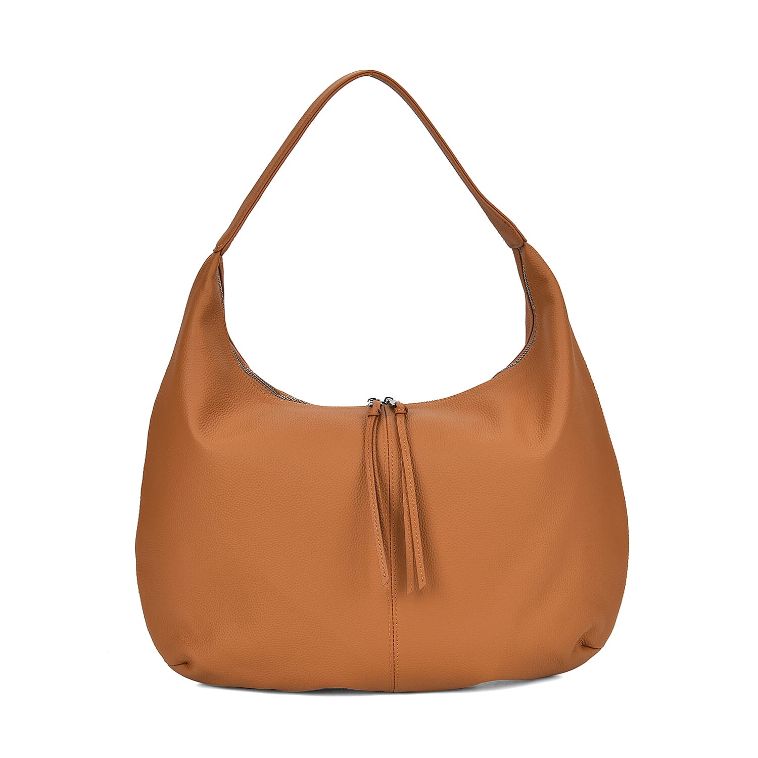Designer Inspired Full Grain Genuine Leather Half Moon Slouch Bag - Tan