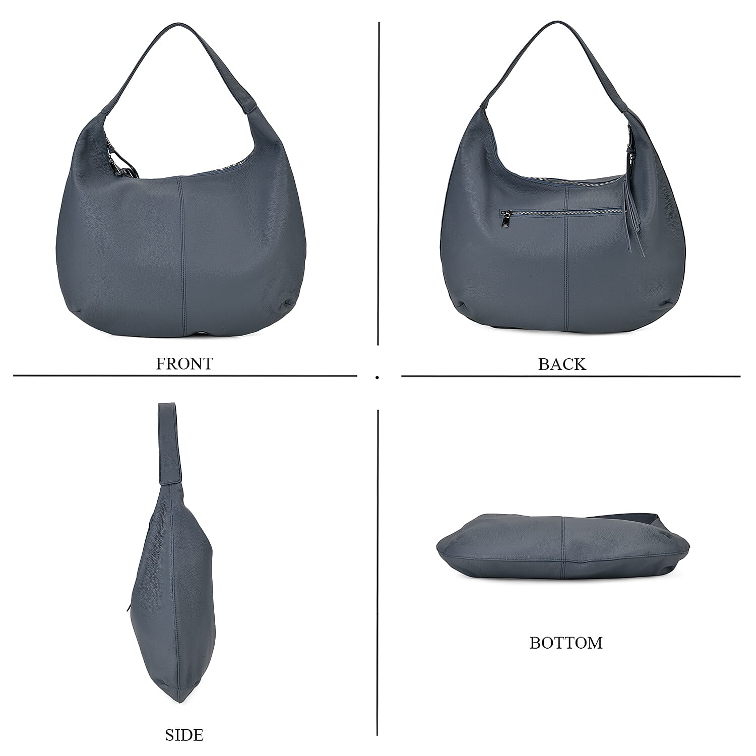 Designer Inspired - Genuine Leather Crescent Shaped Tote Slouch Bag - Grey