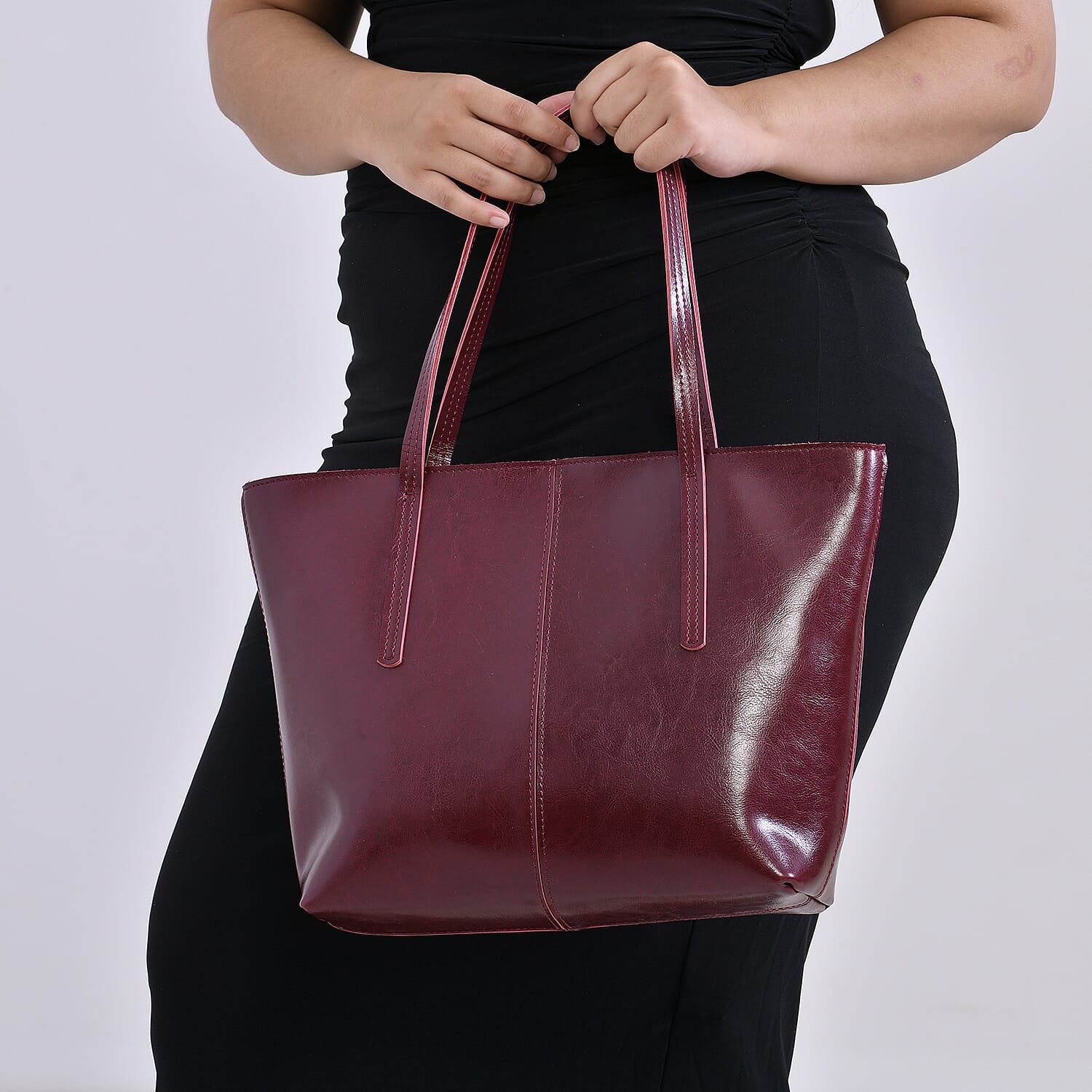 100% Genuine Leather Tote Bag (Size 39x12x27 cm) - Burgundy