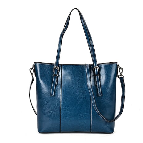 Genuine Leather Tote Bag With Long Shoulder Strap - Navy