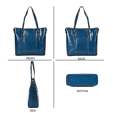 Genuine Leather Tote Bag With Long Shoulder Strap - Navy