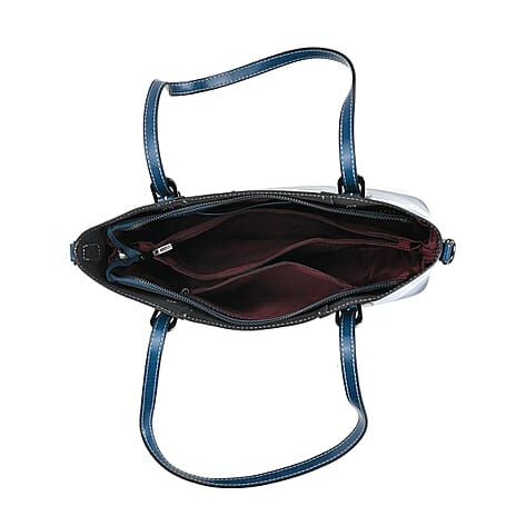 Genuine Leather Tote Bag With Long Shoulder Strap - Navy