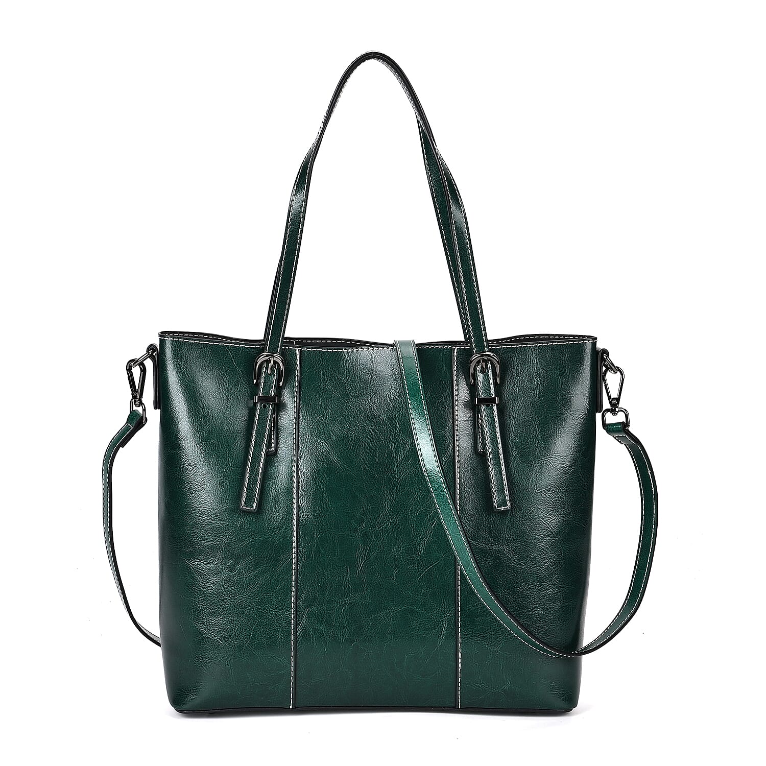 Designer Closeout Deal- Genuine Leather Handbag With Adjustable Leather Long Strap (Size 31x11x29 cm) - Green