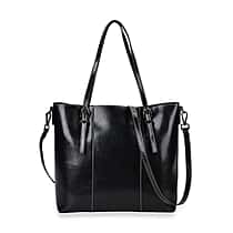 Stylish Genuine Leather Everyday Tote Bag With Adjustable Strap - Black