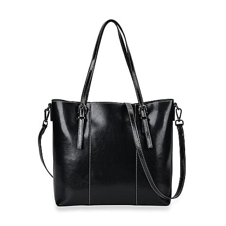 Stylish Genuine Leather Everyday Tote Bag with Adjustable Strap - Black