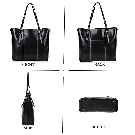 Stylish Genuine Leather Everyday Tote Bag with Adjustable Strap - Black