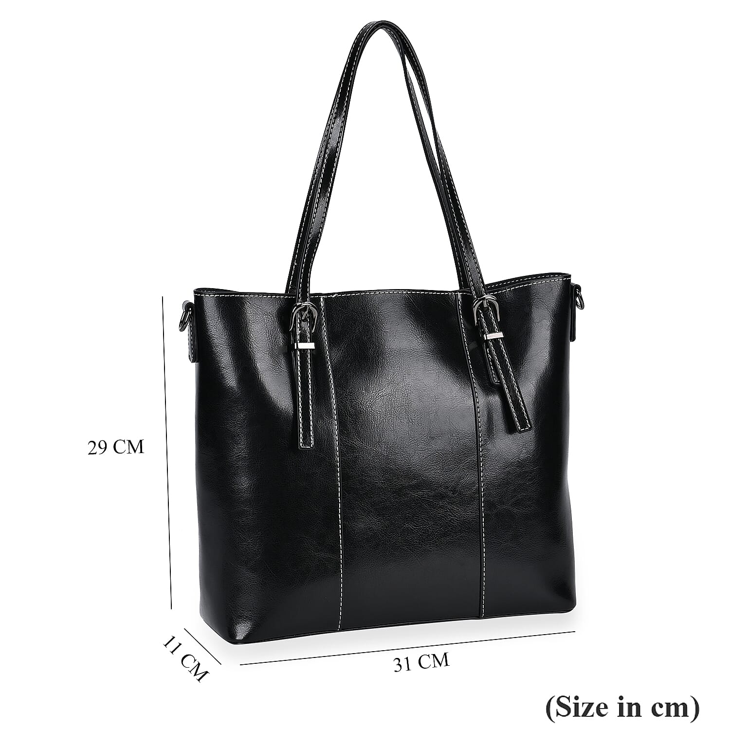 Stylish Genuine Leather Everyday Tote Bag with Adjustable Strap - Black Stylish Genuine Leather Everyday Tote Bag with Adjustable Strap - Black