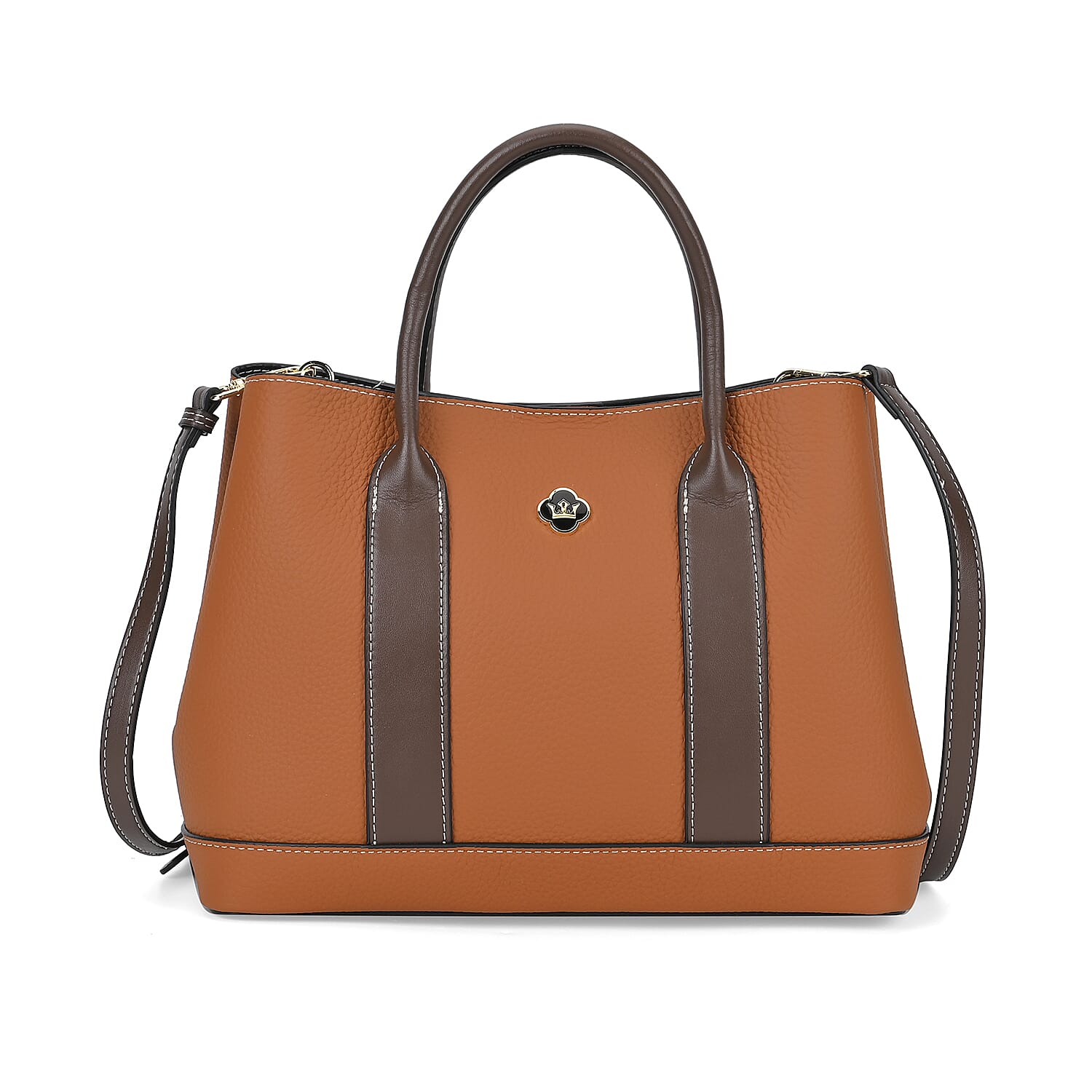 Genuine Leather Crossbody Bag with Long Shoulder Strap - Brown