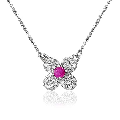 Gemfields Montepuez Ruby ,  White Zircon  Fancy Necklace (Size - 20) in rhodium Sterling Silver