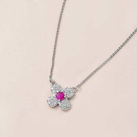 Gemfields Montepuez Ruby ,  White Zircon  Fancy Necklace (Size - 20) in rhodium Sterling Silver