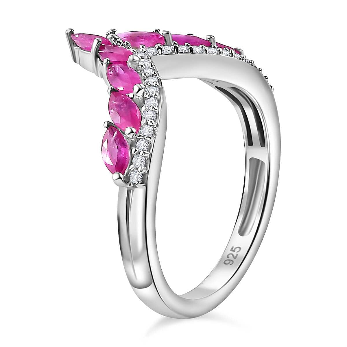 Gemfields Montepuez Ruby ,  White Zircon  Ring in rhodium Sterling Silver 1.120  Ct.