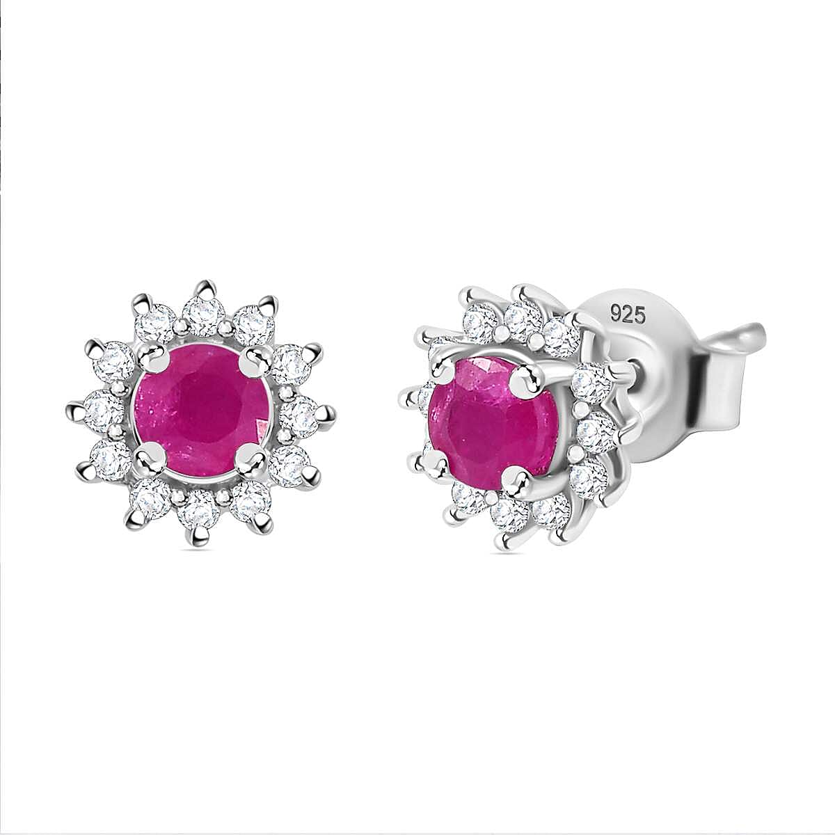 Gemfields Montepuez Ruby & White Zircon Cluster Earring in Rhodium Sterling Silver 1.00 Ct.