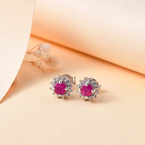 Gemfields Montepuez Ruby ,  White Zircon  Cluster Earring in rhodium Sterling Silver 1.18 ct
