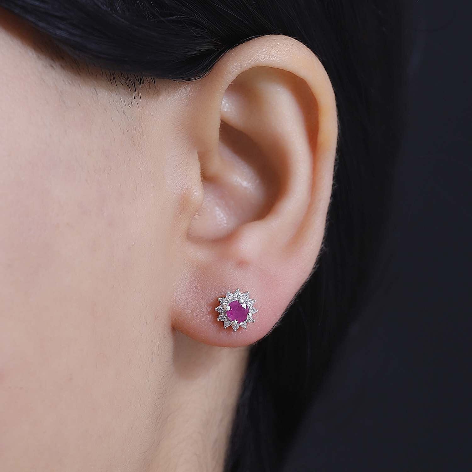 Gemfields Montepuez Ruby & White Zircon Cluster Earring in Rhodium Sterling Silver 1.00 Ct.