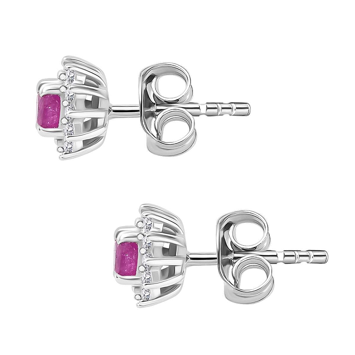 Gemfields Montepuez Ruby & White Zircon Cluster Earring in Rhodium Sterling Silver 1.00 Ct.