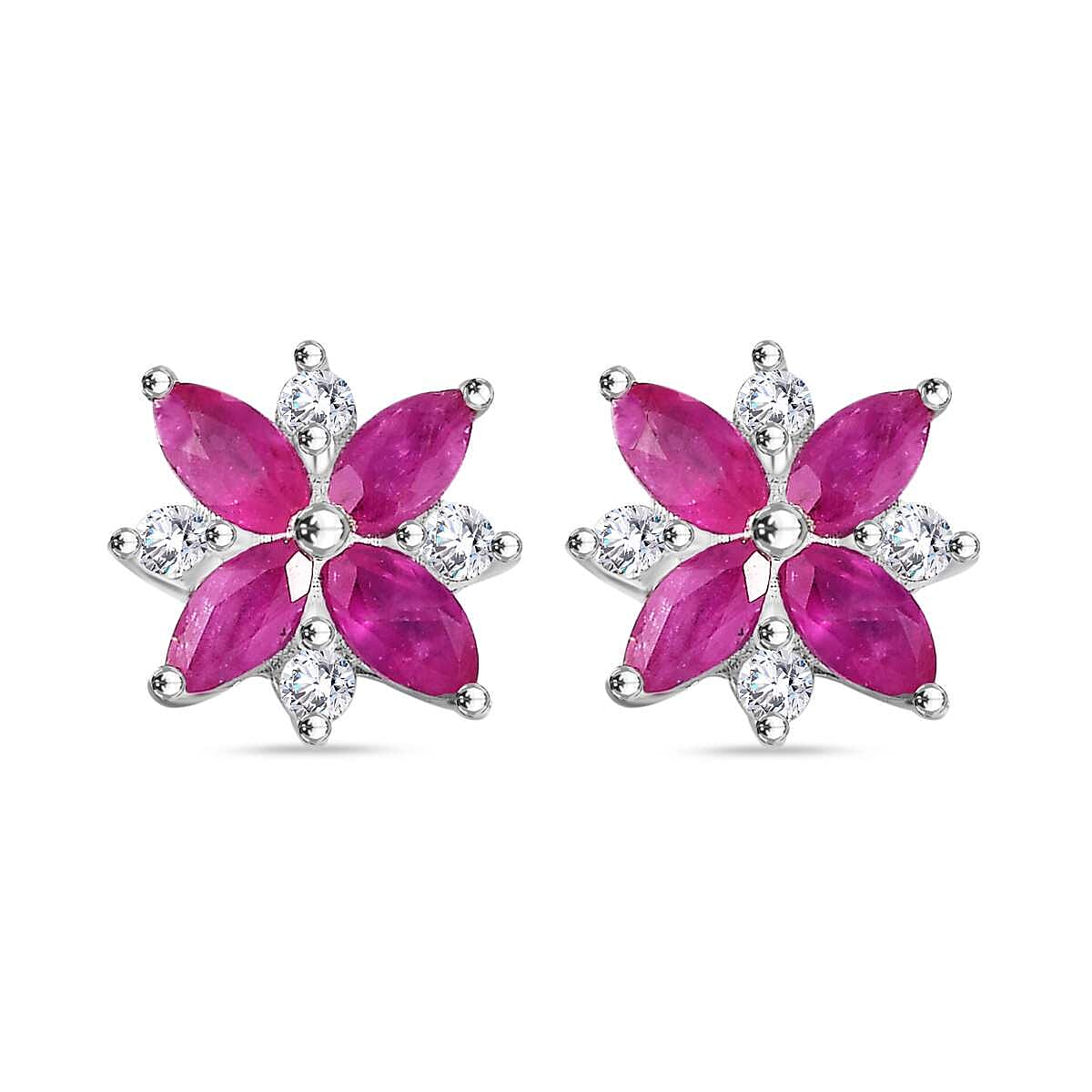 Gemfields Montepuez Ruby, White Zircon Cluster Earring in Rhodium Sterling Silver 1.02 Ct.