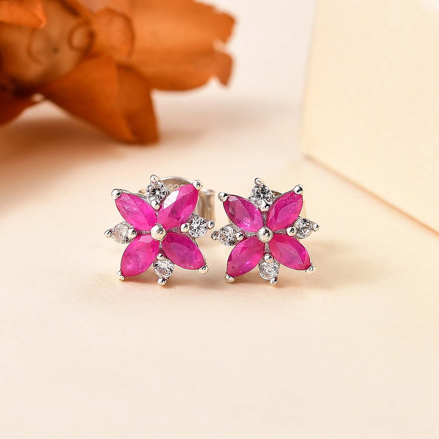 Gemfields Montepuez Ruby, White Zircon Cluster Earring in Rhodium Sterling Silver 1.02 Ct.