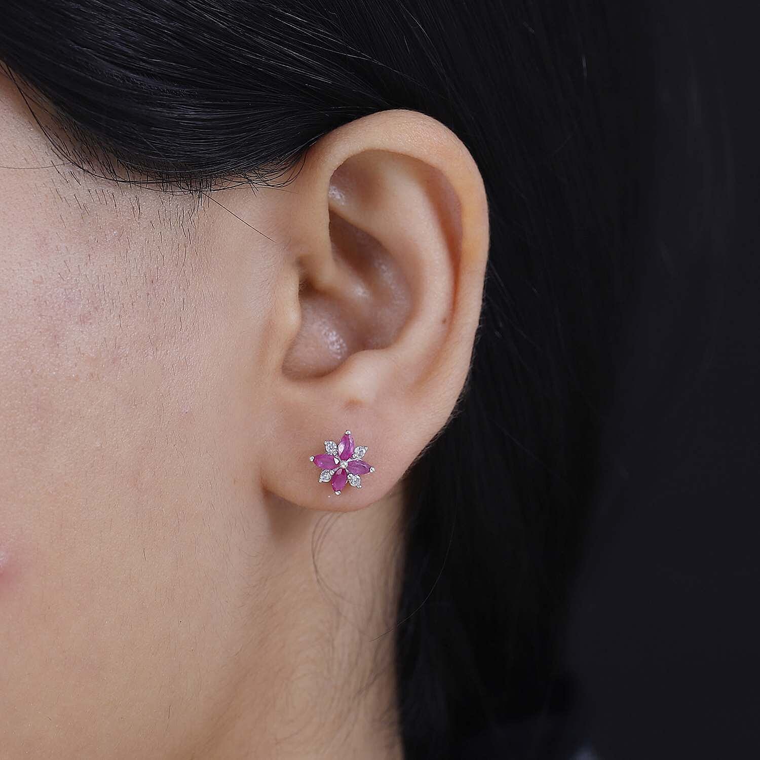 Gemfields Montepuez Ruby, White Zircon Cluster Earring in Rhodium Sterling Silver 1.02 Ct.