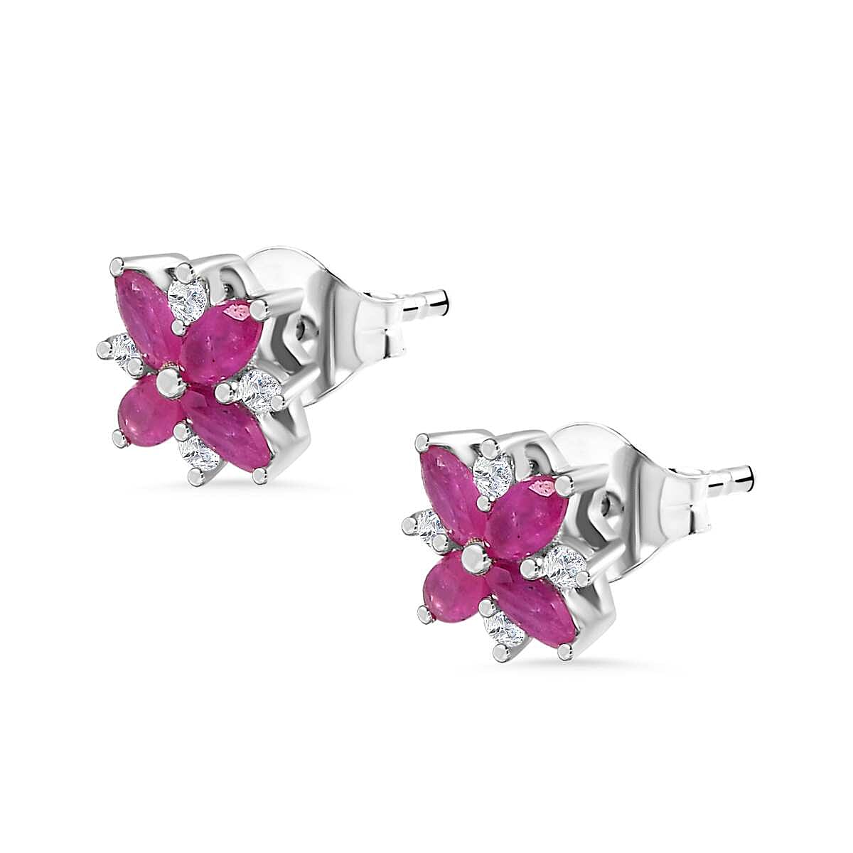 Gemfields Montepuez Ruby, White Zircon Cluster Earring in Rhodium Sterling Silver 1.02 Ct.
