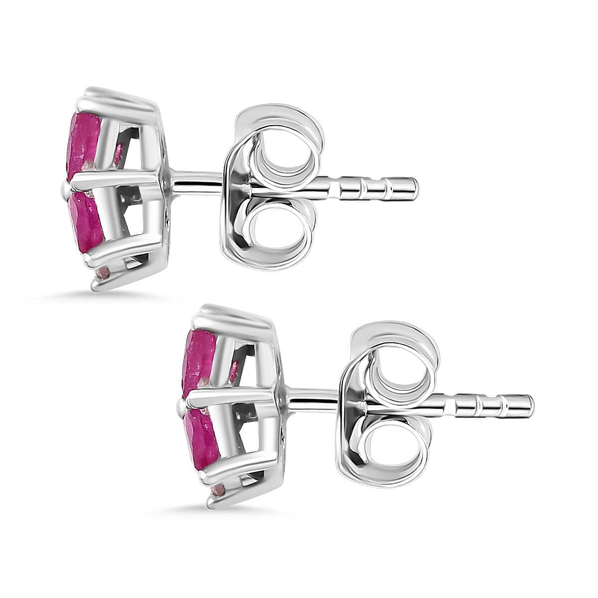 Gemfields Montepuez Ruby, White Zircon Cluster Earring in Rhodium Sterling Silver 1.02 Ct.