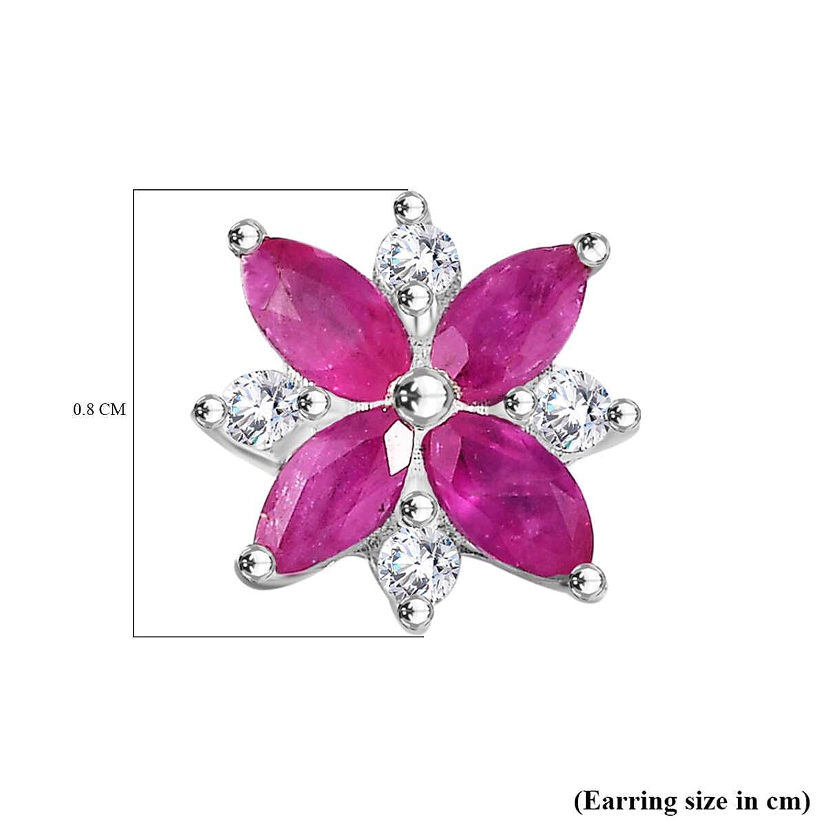 Gemfields Montepuez Ruby, White Zircon Cluster Earring in Rhodium Sterling Silver 1.02 Ct.