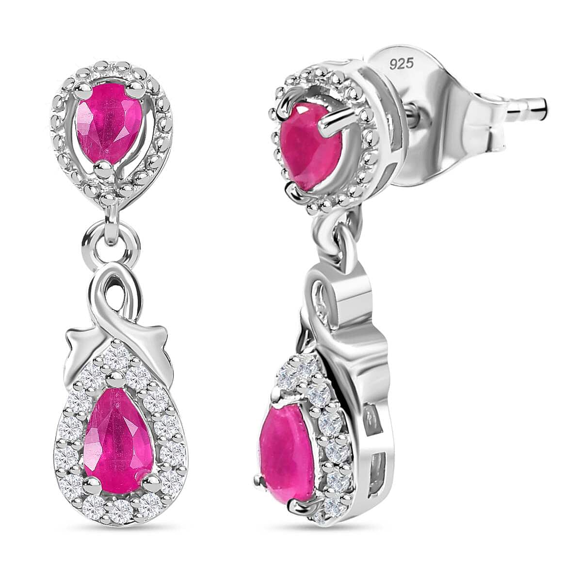 Gemfields Montepuez Ruby & White Zircon Earring in Rhodium Overlay Sterling Silver 1.25 Ct.